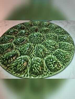 Vintage Green Cabbage leaf deviled egg platter crafted in Portugal by Olfaire
